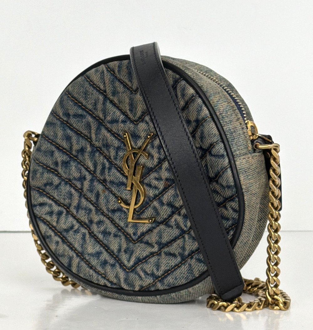 Saint Laurent Vinyle Round Camera Crossbody Bag in Rodeo Blue Denim F2